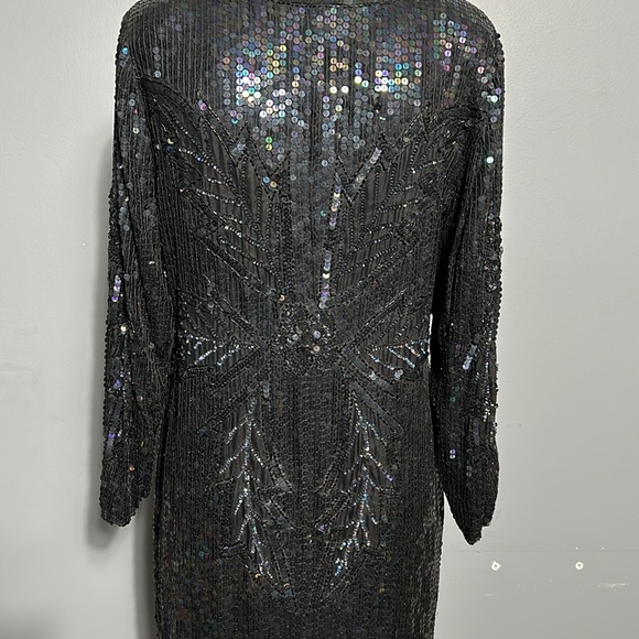 Vintage Silk Sequeen Black Midi Dress with Silk Lining w Slit Made in India M- L - Picture 10 of 17